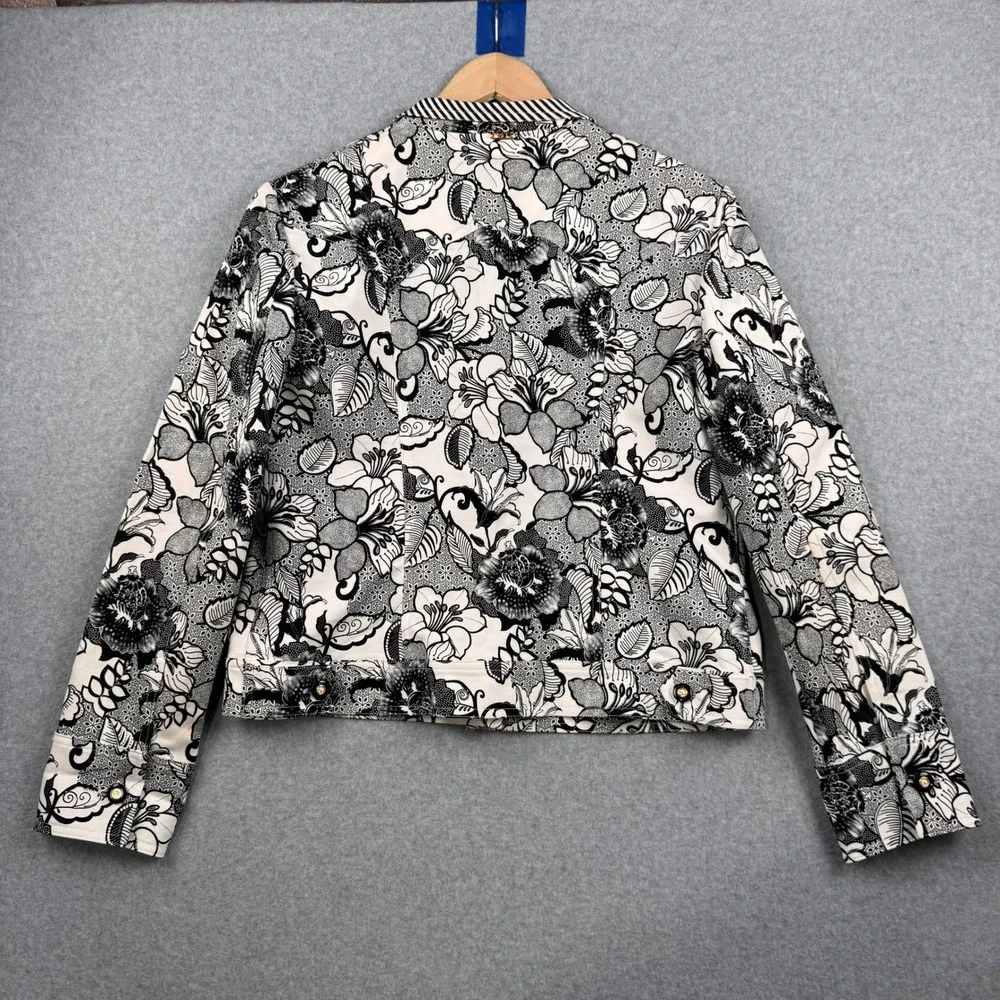 St John Sport Jacket Womens Medium Black‎ White Floral Button Up Cotton Stretch